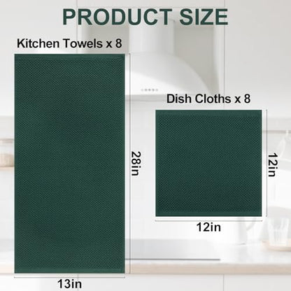 Homaxy 100% Cotton Kitchen Towels and Dishcloths Set, 12 x 12 Inches and 13 x 28 Inches, Set of 16 Bulk Kitchen Towels Set, Ultra Soft Absorbent Dish Cloths for Washing Dishes, Blackish Green - color: Blackish Green, style: 16-Piece Set