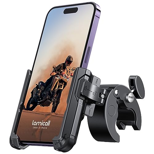 Lamicall Motorcycle Phone Mount Holder - [Camera Friendly] [1s Lock] Bike Phone Holder Handlebar Clamp, Bicycle Scooter Phone Clip, Gifts for iPhone 17, 16, 15 Pro Max, Galaxy S25 Ultra, 4.7-7" Phones - color: Black