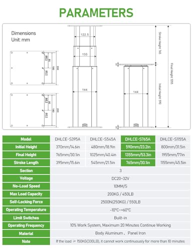 DIHOOL Electric Lift Table, Motorized Lifting Column, Heavy Duty 450Lbs, 23.2" to 53.3" Height Adjustable Table Leg, RV Telescoping Lifting Platform, Wireless Remote & APP Control - color: 23.2"-53.3" Height