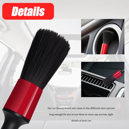 Car Detailing Brush Set, Car Detailing Kit, 5 Different Size Boar Hair Mixed Fiber Plastic Handle Auto Detail Brushes, Auto Interior Cleaning Tool for Leather Seat Wheels Engine Air Vent
