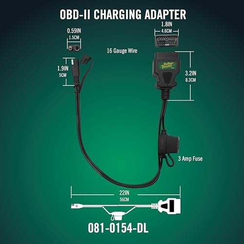 Battery Tender OBDII Adapter Cable for 12V Battery Charging - 22 Inch Cord - Solar Compatible - Charge Vehicle's 12V Battery Through OBD II Port - 081-0154-DL