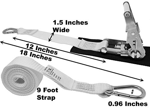 1.5 Inch Stainless Steel Ratchet Strap with Protective Pad Under Buckle, Stainless Steel Carabiner Clip with Grommet On Both Ends, Total Strap Length 10 Ft. - color: White