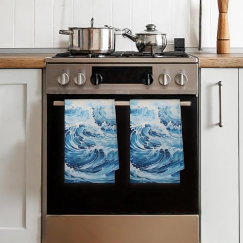 Ocean Waves Kitchen Towels Set of 2 Summer Sea Dish Towels Bar Absorbent Cleaning Tea Towel for Home Dining Restaurants - color: Blue