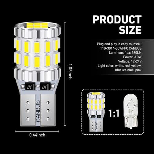 2 PCS T10 LED License Plate Light Bulbs, 3014-30SMD Super Bright 360 Degree Lights for Wide/Reading/Instrument, Universal for Most Cars, Trucks, SUVs (White#2402) - color: White#2402
