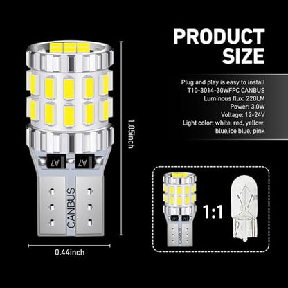 2 PCS T10 LED License Plate Light Bulbs, 3014-30SMD Super Bright 360 Degree Lights for Wide/Reading/Instrument, Universal for Most Cars, Trucks, SUVs (White#2402) - color: White#2402