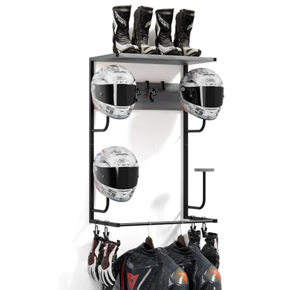 Motorcycle Helmet Holder Wall Mounted, Helmet Holder Wall Mount with Helmet Rack, 4 Glove Chips and 4 hooks, Rustic Helmet Holder and Motorcycle Helmet Rack for Most of Helmet and Clothes (Grey) - color: Grey