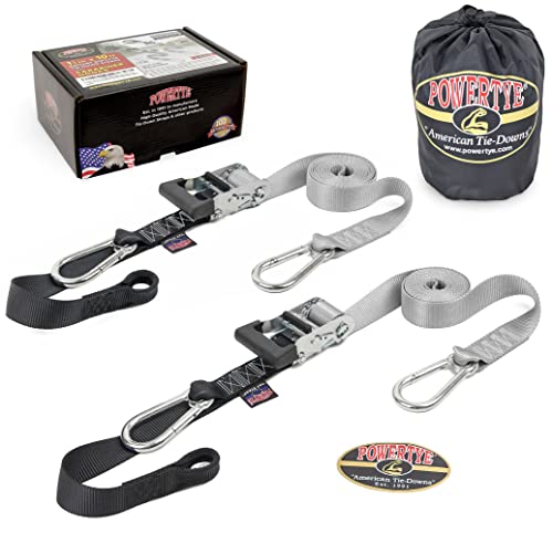 PowerTye 1.5 inch x 10ft Extra Long Ratchet Tie Down Straps, Heavy Duty with Carabiner Hooks, Soft-Tye & Bag, for Motorcycle, ATV & Cargo - 1,000 lb WLL - Made in USA - Silver/Black Pair - color: Silver, size: 10 ft + Storage Bag