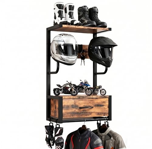 Motorcycle Helmet Holder Wall Mounted with 4 J-hooks& 4 Clip Hooks, Motorcycle Helmet Rack with Drawer for 2 Helmets & Riding Suits, Hanging Protective Gear Shelf for Entryway or Garage