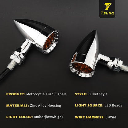 TSUNG Bullet LED Turn Signal Light Motorcycle Front Rear Indicator Small Blinker Universal for Cruiser Chopper Bobber Cafe Racer Street Bike (B-Chrome-Amber) - color: B-Chrome-Amber