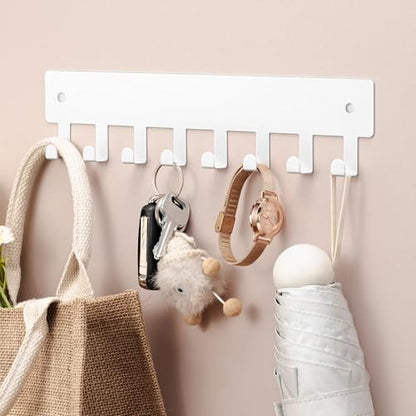 pickpiff Key Holder Wall Mount, Adhesive Key Rack with 8 Hooks Hanger for Car Key Ring, Metal Key Chain Organizer, White 1 Pack - color: White