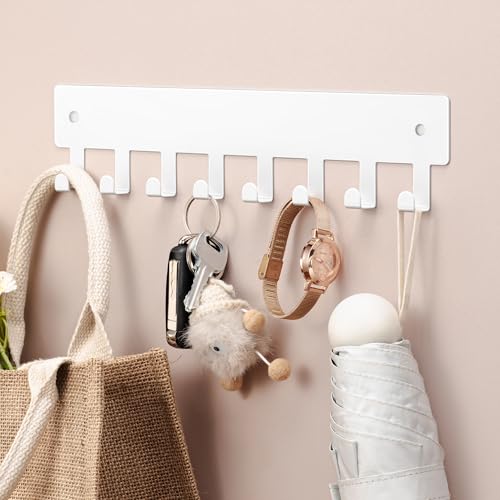pickpiff Key Holder Wall Mount, Adhesive Key Rack with 8 Hooks Hanger for Car Key Ring, Metal Key Chain Organizer, White 1 Pack - color: White