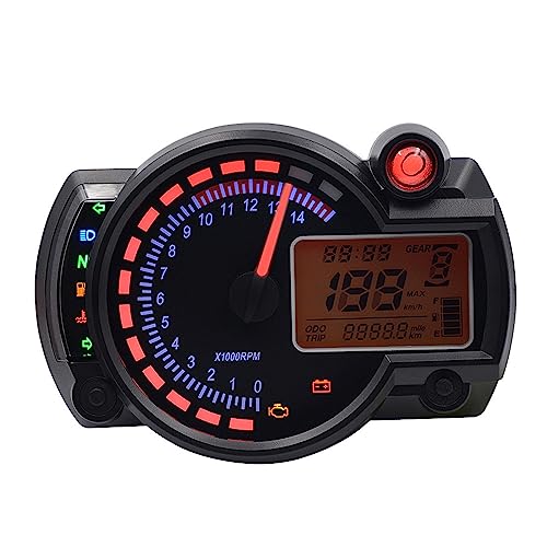 Motorcycle Multi-Function Speedometer Tachometer Odometer Oil Gauge Water Temperature Gauge Liquid Crystal Display Adjustable Miles with Left and Right Turn Signal high Beam Function 12V