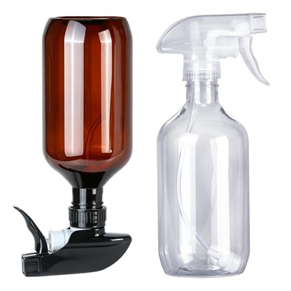 2 Pack 360° Spray Bottles, 16 oz Plastic Small Containers with Adjustable Spray Nozzles, Spray Bottles for Hair, Cleaning Solutions, BBQ and Plants Amber&Clear - color: Amber&Clear, size: 16 Ounces