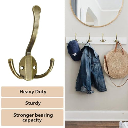 Homanu 10 Pack Coat Hooks Heavy Duty, Metal Three Prongs Large Coat Hooks Wall Mounted with 20 Screws, No Rust Antique Brass Rustic Wall Hooks for Hanging Towel, Coat, Scarf, Bag, Hat, Cup, Key - color: 10 Pcs Antique Brass