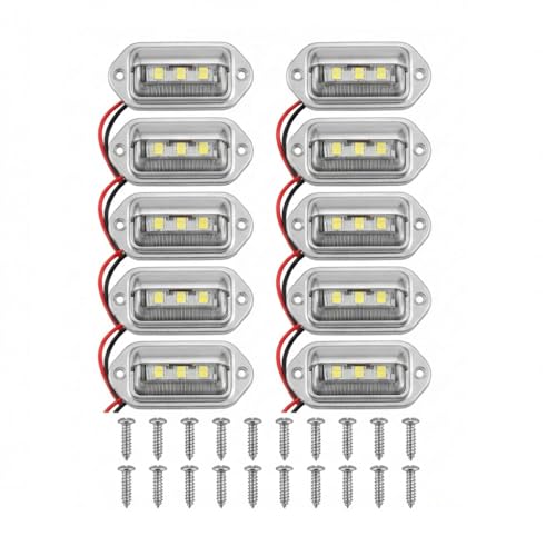 10 Packs White LED License Plate Light, 12V-24V 6 LED Waterproof License Plate Lamp Taillight for Truck SUV Trailer RV Trucks and Boats License Tags(Silver Housing) - color: Sliver