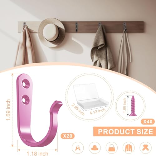 BREYDROK 20PCS Pink Heavy Duty Single Prong Metal Wall Hooks for Coats, Towels, Backpacks, Hats, Dog Leashes (20 Hooks + 40 Screws) - color: 20pcs + Pink