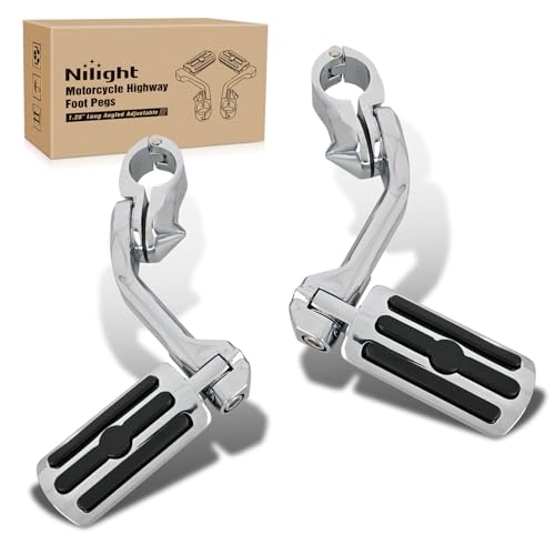 Nilight 1.25" Motorcycle Highway Pegs For Harley Davidson Touring Road King Street Glide Sportster, Adjustable Long Angled Foot Pegs Clamp Universal For 1-1/4" Engine Guard Crash Bars Highway Footpegs - color: Chrome #1, size: Long Angled