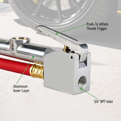 Heavy Duty Tire Inflator with Pressure Gauge 10-160 PSI, 1/4" NPT Dual Head Chuck, 15" Kink-Resistant Rubber Air Hose Compatible with Car, Truck, Motorcycle, ATV, SUV