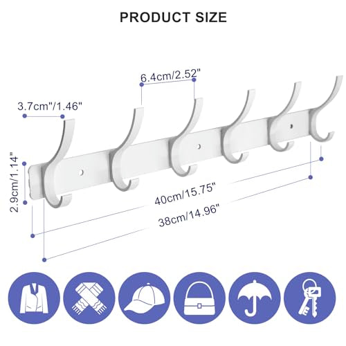 Coat Rack Wall Mounted,6 Coat Hooks for Hanging Coats,Heavy Duty Metal Double Hook Rack Hook Rail,Coat Rack with Hooks,Wall Mount Coat Hanger for Hat Towel Purse Robes (2 Pack White, 6 Hooks) - color: 2 Pack White