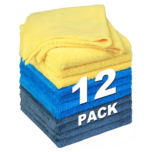 Big RED ATRJL01R Microfiber Cleaning Cloth: 18"X18" Cleaning Towels with 3 Color, 12 Pack, Grey/Blue/Yellow