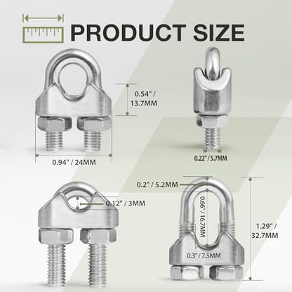 12pcs M6 Wire Rope Clamp, 1/4 inch Cable Clamps Stainless Steel Wire Rope Clips - size: M6