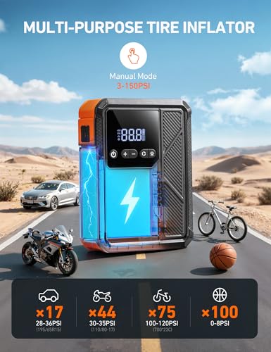 AstroAI Beta822 3000A Jump Starter with Air Compressor, 150PSI Portable Tire Inflator with Auto-Shutoff, 12V Car Battery Booster (9.0 Gas/7.0L Diesel) with LED Light and Jumper Cables, Black - color: Black