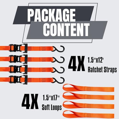 4 Pack 1.5" x12' Ratchet Tie Down Straps, Heavy Duty Motorcycle Tie Down Straps, 4400lbs Break Strength with Coated S Hook and Soft Loops for Trucks, Moving Appliances, Lawn Equipment - color: Orange