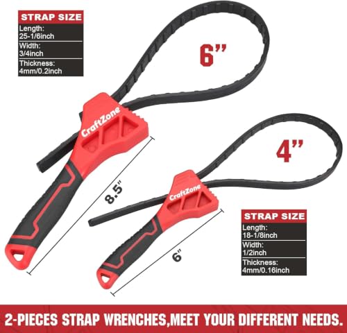 2-piece Rubber Strap Wrench Set, Adjustable Oil Filter Wrench with Anti-Slip Strap (2-piece), 4" & 6" Spanner Wrench for Plumbing, Faucet, Pipe, and Spark Plug