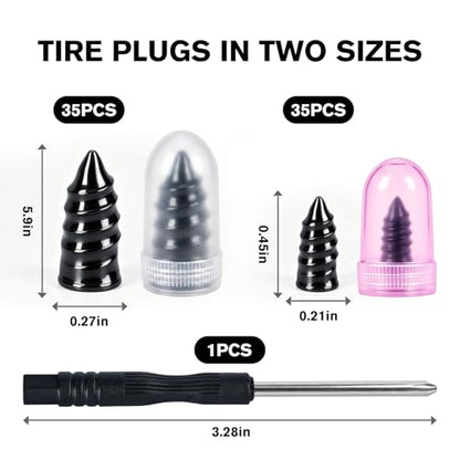 71PCS Tire Repair Rubber Nail Kit with Screwdriver for Tubeless Tires | 2 Sizes Tire Repair Spiral Screw, Tire Plugs, Fast Self-Service Tool for Car, Motorcycle, Tractor Tire Puncture Repair