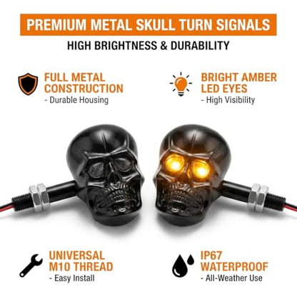 Motorcycle 10mm Screw Skull Head LED Amber Turn Signal Indicator Light (Black) - color: Black