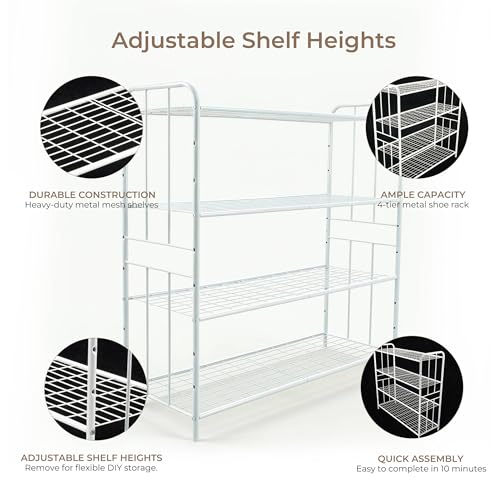 HOSY 4-Tier Metal Shoe Rack, Adjustable Shoe and Boot Storage Rack, Free Standing Utility Shelf (White) - color: White