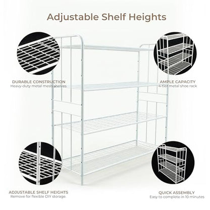 HOSY 4-Tier Metal Shoe Rack, Adjustable Shoe and Boot Storage Rack, Free Standing Utility Shelf (White) - color: White