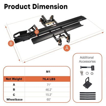 CRAVOT Motorack M1 Motorcycle Hitch Carrier with Ramp, 350 lbs Capacity Dirt Bike Carrier, Foldable Hauler Hitch Mount Rack Anti-Rattle Up to 4-inch Fat Tire 2" Receiver - size: MotorRack M1 350lbs