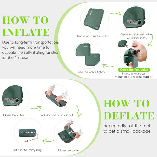 Inflatable Seat Cushion, Self-Inflating Memory Foam Stadium Seats Cushion Lightweight & Compact Chair Sitting Pad Airplane Cushion for Long Flight Travel Outdoor Camping Car Bleachers Office - color: Green