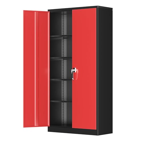 Greenvelly Metal Garage Storage Cabinet, 72" Black Red Tool Steel Locking Cabinet with Doors and 4 Shelves, Tall Cabinets for Garage Storage Systems Lockable File Cabinet for Home Office,Garage - color: Black Red, size: 72 inch - Large
