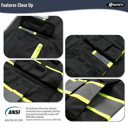 JKSafety 7 Pockets High Visibility Black Safety Vest for Men and Women Zipper Front with Hi-Vis Reflective Strips Meets ANSI/ISEA Standards (130-Black, Medium) - color: Black-sf07, size: Medium
