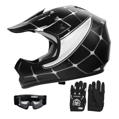 SLMOTO Youth Kids Motocross Offroad Street Helmet DOT Safety Youth Kids Helmet Dirt Bike Offroad Motorcycle Goggles Gloves - color: Black Spiders, size: Medium