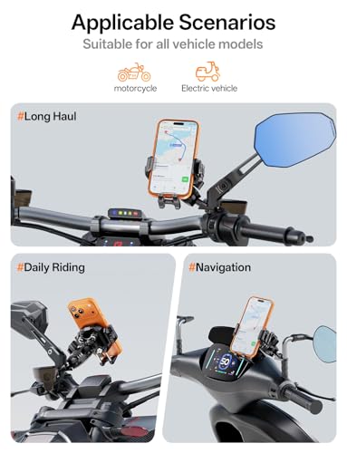Kewig Motorcycle Phone Mount with Vibration Dampener [Anti-Theft] [Camera Friendly] Aluminum Alloy Rear-View Cellphone Holder for Motorcycle, Adjustable Size Fit 5.4-7.2" Smartphone