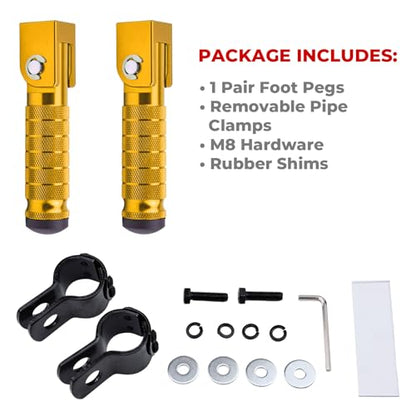 2-in-1 Clamp-On & Bolt-On Foldable Foot Pegs, Motorcycle Foot Pegs with Removable Pipe Clamps, M8 Mount or 26–32mm Tube Fit, for E-Bike, Mini Bike & Custom Builds （1 Pair, Anodized Gold) - color: Anodized Gold
