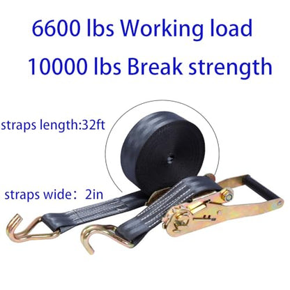 2PACK Ratchet Straps Heavy Duty, 8000 LBS Break Strength Ratchet Strap Tie Down, 2” x 32ft Black Tie-Down Ratcheting Cargo Truck Straps with Durable Double J Hook for for Truck (Black, 2IN X 32FT) - color: BLACK