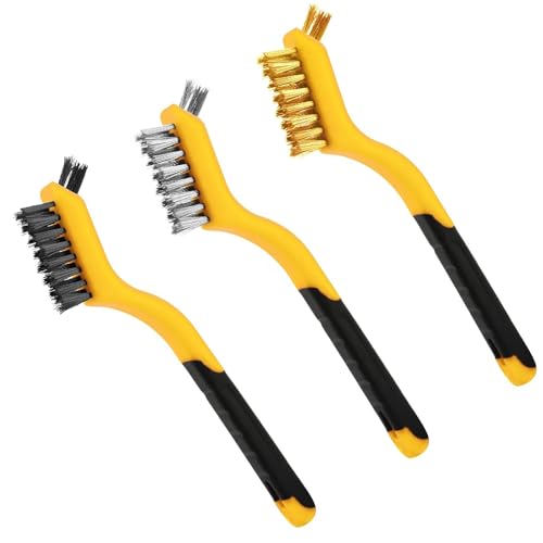 Wire Brush Set 3Pcs, Nylon/Brass/Stainless Steel Bristles with Curved Handle Grip for Cleaning with Curved Handle Grip for Rust Removal, Dirt, Paint Scrubbing Yellow - color: 3 PCS YELLOW