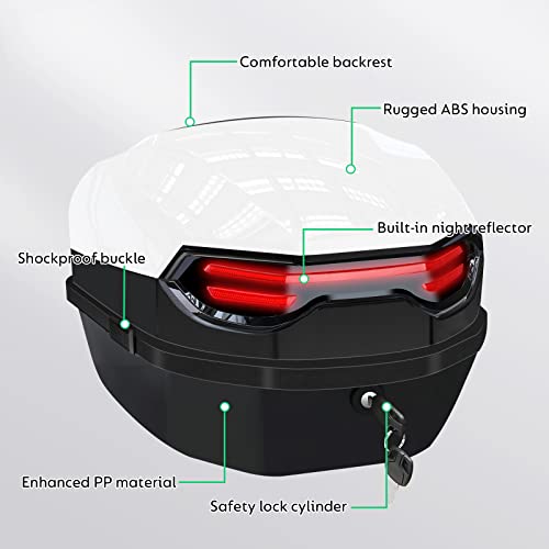 35L Motorcycle Top Case, Motorcycle Daily Tail Box Trunk Lockable Storage Carrier Plastic Case with Soft Backrest Universal Mounting for Helmet Luggage, Waterproof Motor Top Box - White
