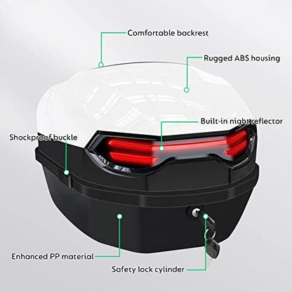35L Motorcycle Top Case, Motorcycle Daily Tail Box Trunk Lockable Storage Carrier Plastic Case with Soft Backrest Universal Mounting for Helmet Luggage, Waterproof Motor Top Box - White