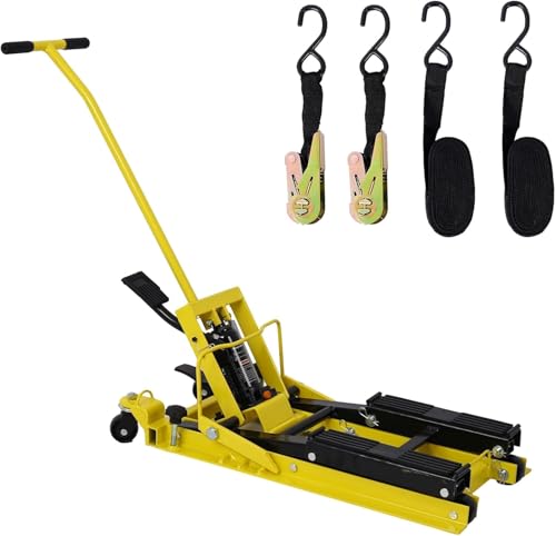 1500LBS Hydraulic Motorcycle Lift Jack, Foot-Operated ATV Scissor Lift Table with 4 Wheels & Tie-Down Straps, Portable Hoist Stand for Motorcycle/ATV/UTV, Yellow - color: Yellow