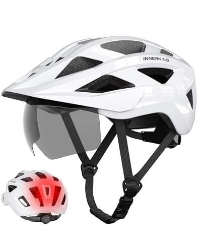 Bike Helmet for Adults, Lightweight Mountain Bicycle Helmet with USB Rechargeable Rear Light Detachable Magnetic Goggles, Road Bike Cycling Helmet with OTG Visor for Men Women - color: White, size: Medium