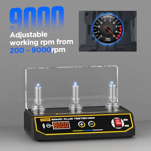 AUTOOL Spark Plug Tester Automotive Engine Ignition Coil Tester 200-9000rpm Adjustable Working Frequency, Three Holes Spark Plug Gap Tool with Protective Cover for All 12V Gasoline Vehicles - size: SPT301