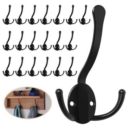 Homanu 20 Pack Coat Hooks Heavy Duty, Metal Three Prongs Large Coat Hooks Wall Mounted with 40 Screws, No Rust Black Rustic Wall Hooks for Hanging Towel, Coat, Scarf, Bag, Hat, Cup, Key - color: 20 Pcs Black