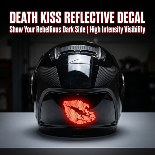 High Intensity Reflective Vinyl Death Kiss Skull Crossbones Lips Decal Bumper Sticker for Cars Motorcycles Helmets Truck Windows ATV Body Panels, Red, 3 Inch Wide, 3 Pack