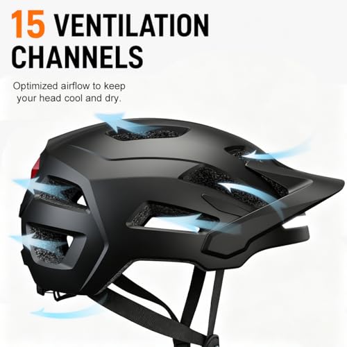 Bike Helmet, Helmets for Adults Men, Front and Back LED Lights Safe Certified MTB Road Bicycle Helmet with Adjustable Brim - color: Black, size: L (59-61cm)