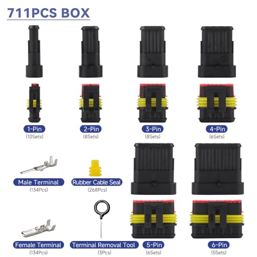 43 Sets 711Pcs Waterproof Wire Connectors with Tool - Automotive Male/Female 1/2/3/4/5/6 Pin - for Cars, Motorcycles & Boats - 22-16AWG Crimping. - size: 711PCS Connectors+Crimper